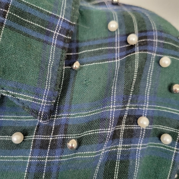 Kontrol Contemporary Small Green & Navy Plaid Long Sleeve Shirt Pearl Studs - Picture 4 of 9